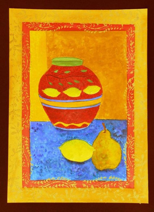 Painting titled "Red Pot With Pear a…" by Angela Nori, Original Artwork