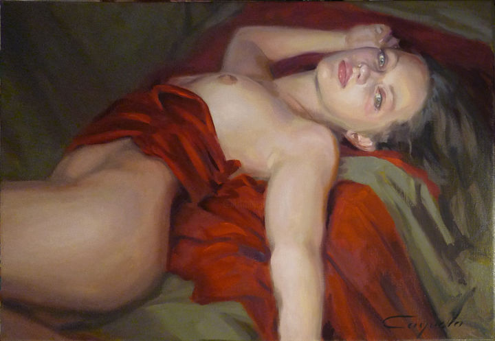 Peinture intitulée "Lying Nude" par Angel Cayuela, Œuvre d'art originale, Huile