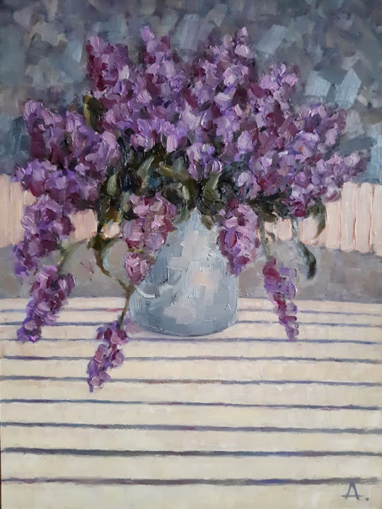 Painting titled "Lilac bouquet" by Angelia Lasnaia, Original Artwork, Oil