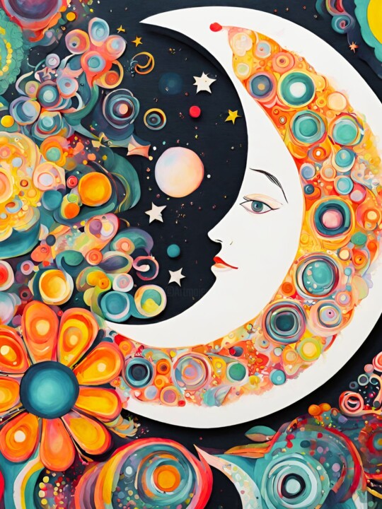 Digitale Kunst mit dem Titel "Moon with Woman Fac…" von Angelica Hurtiger, Original-Kunstwerk, Digitale Malerei