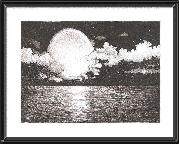 Desenho intitulada "Lua cheia com nuvens" por Angelica Trompieri, Obras de arte originais, Tinta