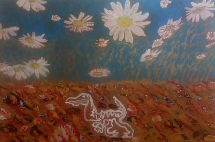 Painting titled "Ali dinozavri sanja…" by Angelika Bolka, Original Artwork, Acrylic Mounted on Wood Stretcher frame