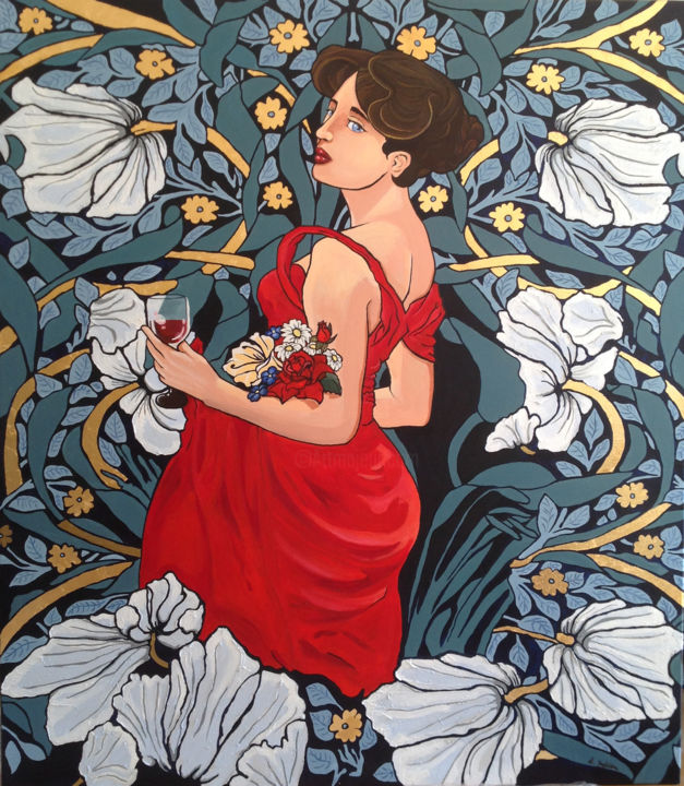 Painting titled "Madame Art Nouveau" by Angelika Jaglińska, Original Artwork, Acrylic