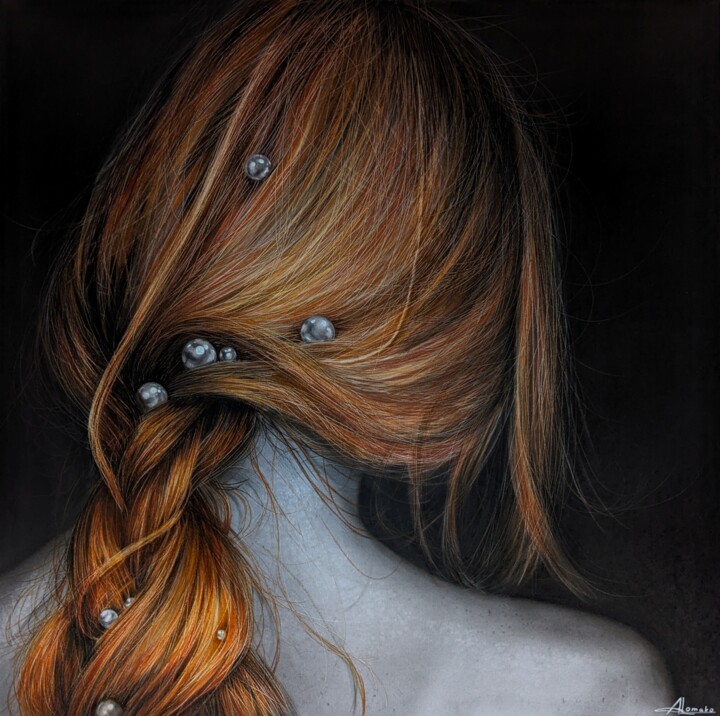 Drawing titled "pearls in the hair" by Angelika Lomako, Original Artwork, Charcoal
