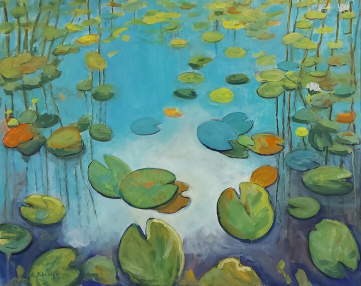 Peinture intitulée "Water Lilies On The…" par Angelika Scheibler, Œuvre d'art originale, Tempera