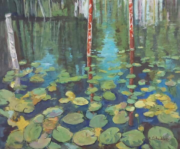 "View Of Waterlilies" başlıklı Tablo Angelika Scheibler tarafından, Orijinal sanat, Zamklı boya
