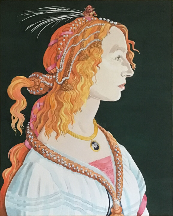 Pittura intitolato "Mein Porträt in Bot…" da Angelika Schopper, Opera d'arte originale, Tempera Montato su Telaio per barell…