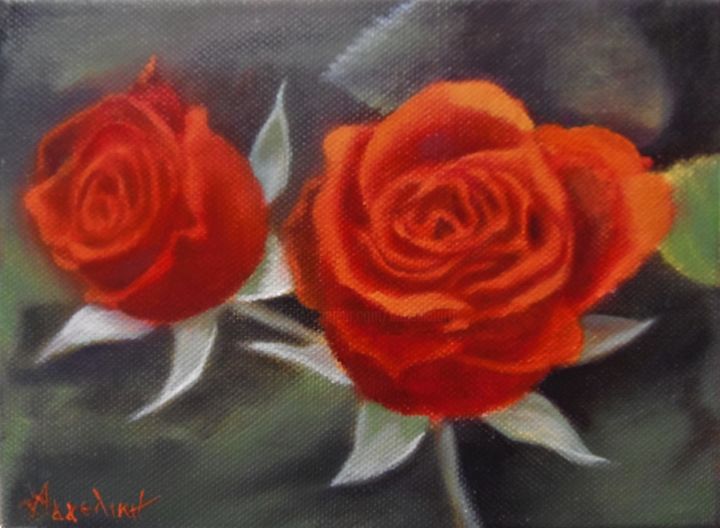Painting titled "Two roses by Agelik…" by Ageliki Aggelike, Original Artwork, Oil