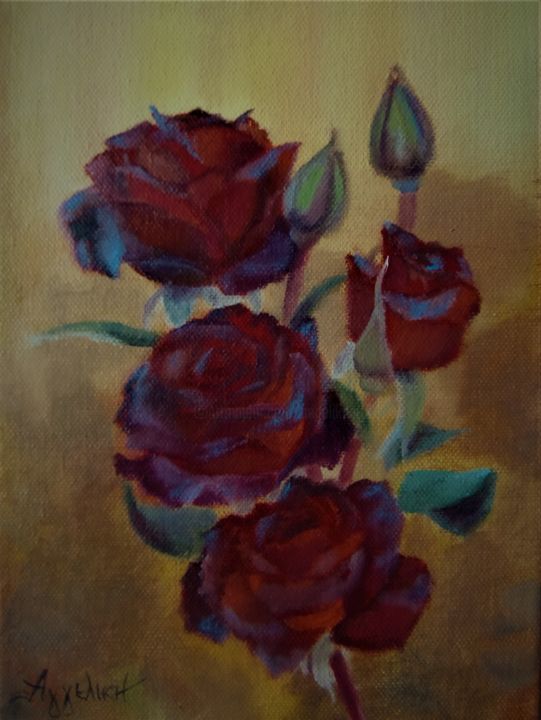 Painting titled "Branch of roses by…" by Ageliki Aggelike, Original Artwork, Oil