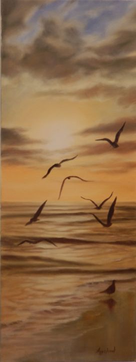 Painting titled ""Seagulls at sunset"" by Ageliki Aggelike, Original Artwork
