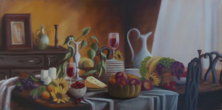 Painting titled ""After meal"" by Ageliki Aggelike, Original Artwork, Oil
