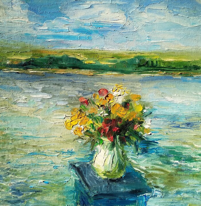 Painting titled "Букет на фоне реки" by Angelina Maslikova, Original Artwork, Oil