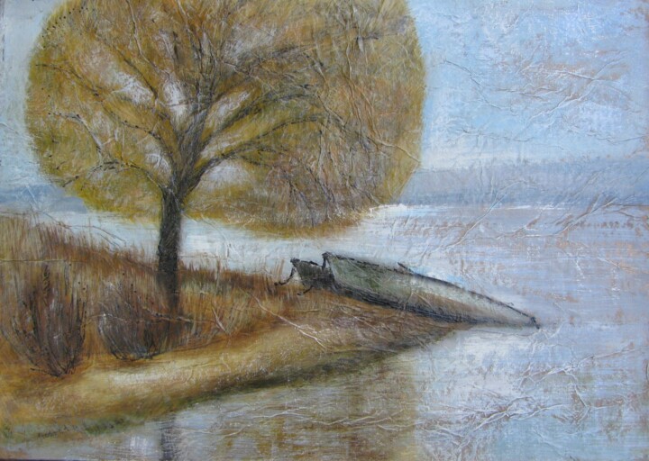 Painting titled "Лодки. Осень" by Angelina Maslikova, Original Artwork, Oil