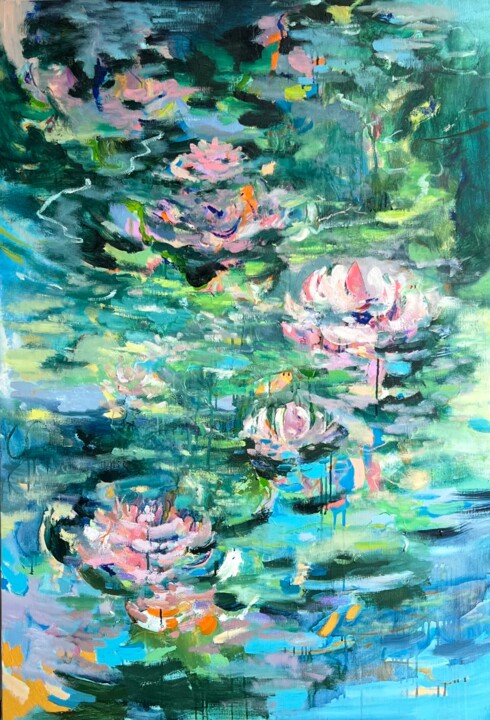Painting titled "Rose water lilies" by Angelina Voss, Original Artwork, Oil