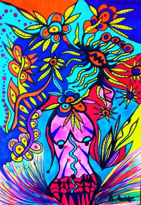 Drawing titled "La Danse de la Sirè…" by Angélique Andujar, Original Art, Marker