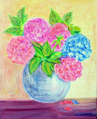 Painting titled "Les hortensias" by Angeline Seren Lienasson, Original Artwork, Oil