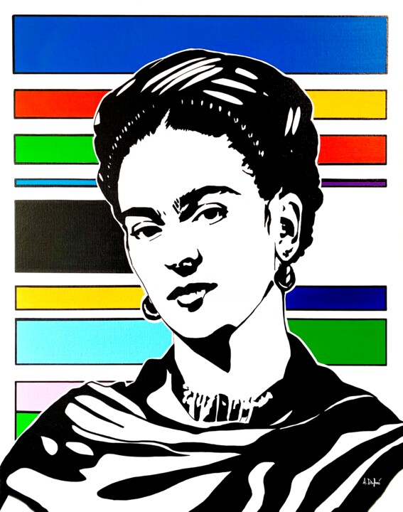 Schilderij getiteld "Frida Kahlo" door Angélique Dufossé, Origineel Kunstwerk, Acryl Gemonteerd op Frame voor houten brancard