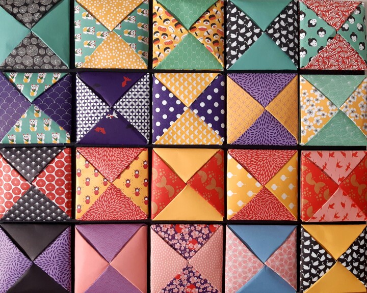 Collages intitulée "Damier origami" par Angelique Mouton, Œuvre d'art originale, Collages