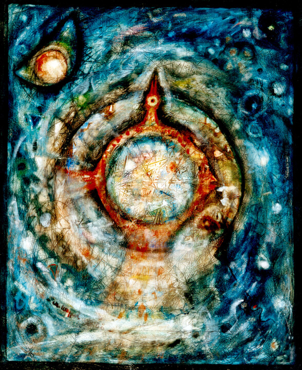 Malerei mit dem Titel "uccello cosmico" von Angelo Mazzoleni, Original-Kunstwerk, Öl
