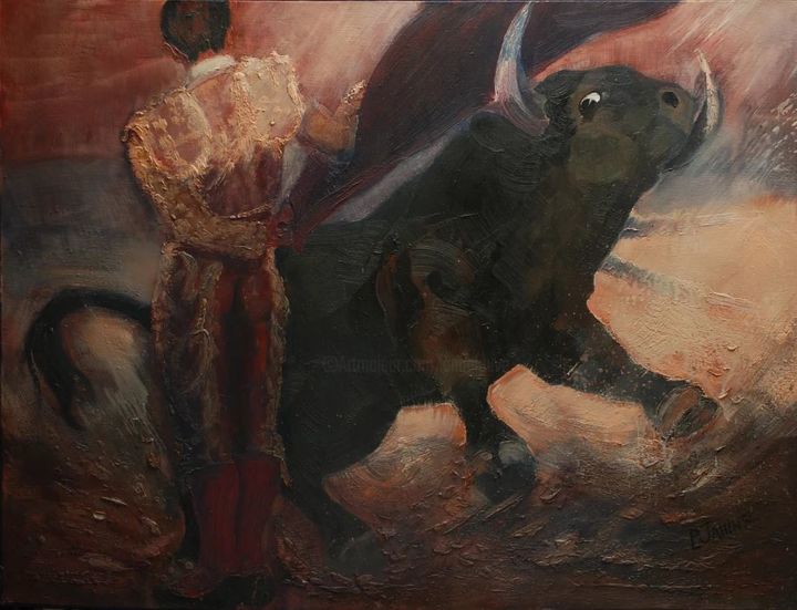 Painting titled "Le puissant taureau" by Philippe Jamin, Original Artwork, Oil