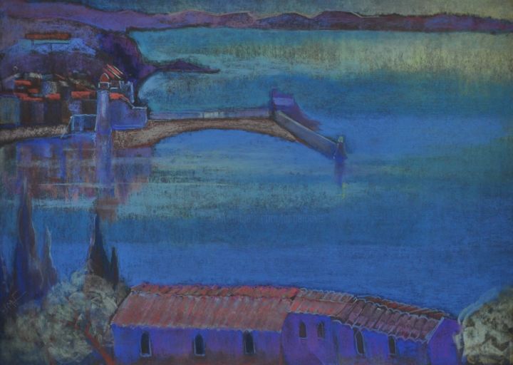 Dessin intitulée "Collioure, vue depu…" par Philippe Jamin, Œuvre d'art originale, Pastel