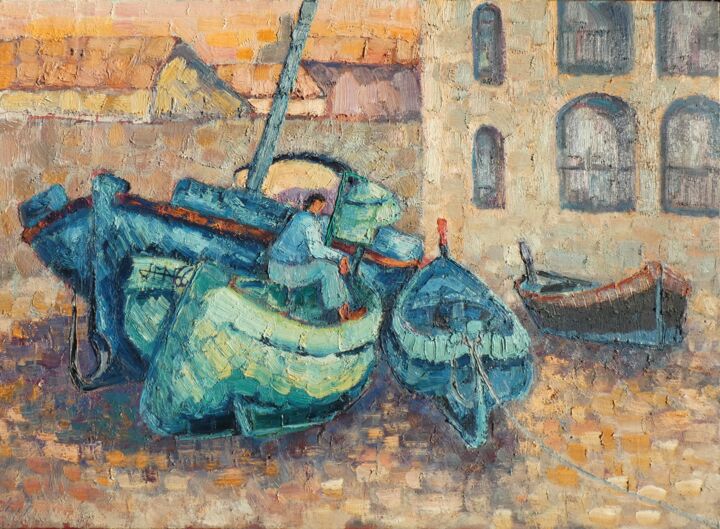 Painting titled "Repos près du porche" by Philippe Jamin, Original Artwork, Oil Mounted on Wood Stretcher frame