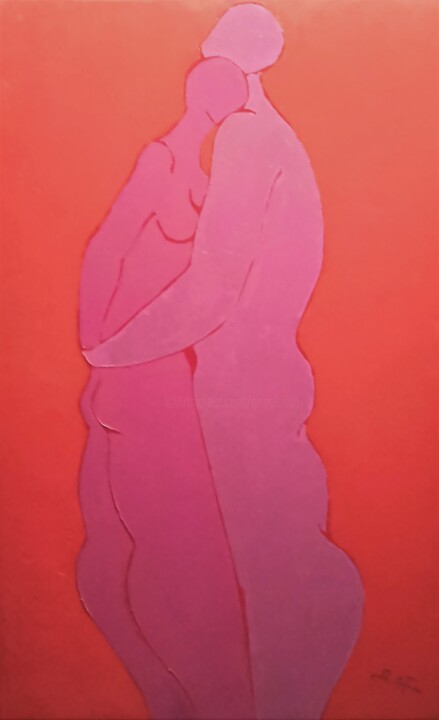 Painting titled "Le couple mauve" by Philippe Jamin, Original Artwork, Oil Mounted on Wood Stretcher frame