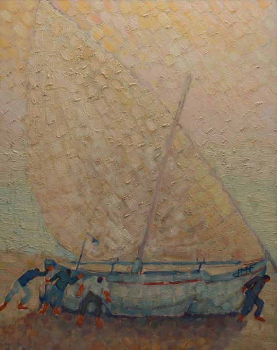 Painting titled "Voile latine" by Philippe Jamin, Original Artwork, Oil Mounted on Wood Stretcher frame
