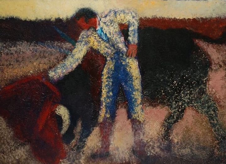 Pintura intitulada "Jeu avec le taureau" por Philippe Jamin, Obras de arte originais, Óleo
