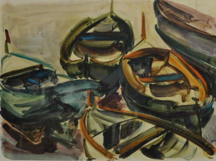 Painting titled "Les barques catalan…" by Philippe Jamin, Original Artwork, Gouache