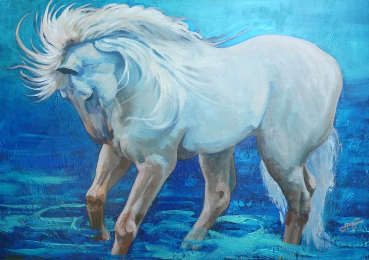 Malarstwo zatytułowany „Le cheval blanc” autorstwa Philippe Jamin, Oryginalna praca, Olej