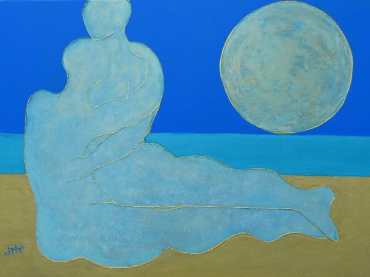 Malarstwo zatytułowany „Eros sous la lune” autorstwa Philippe Jamin, Oryginalna praca, Akryl Zamontowany na Drewniana rama n…