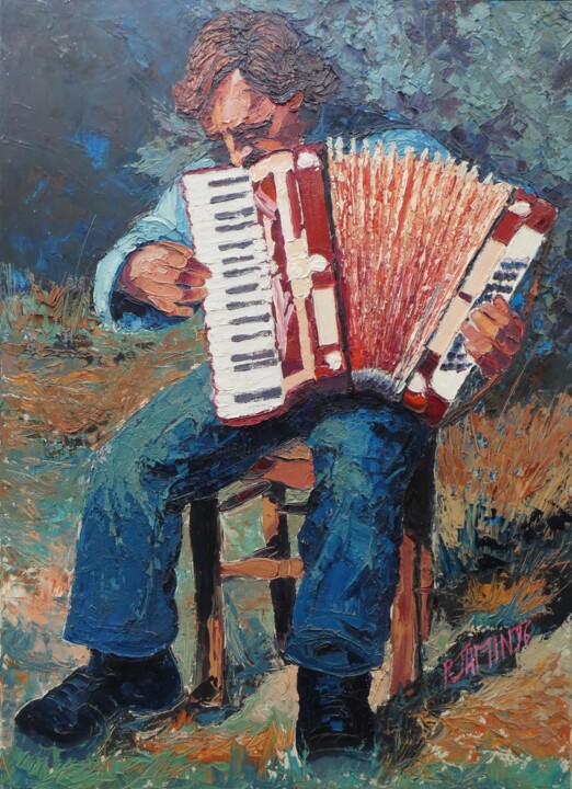 Painting titled "L'accordéoniste III" by Philippe Jamin, Original Artwork, Oil Mounted on Wood Stretcher frame