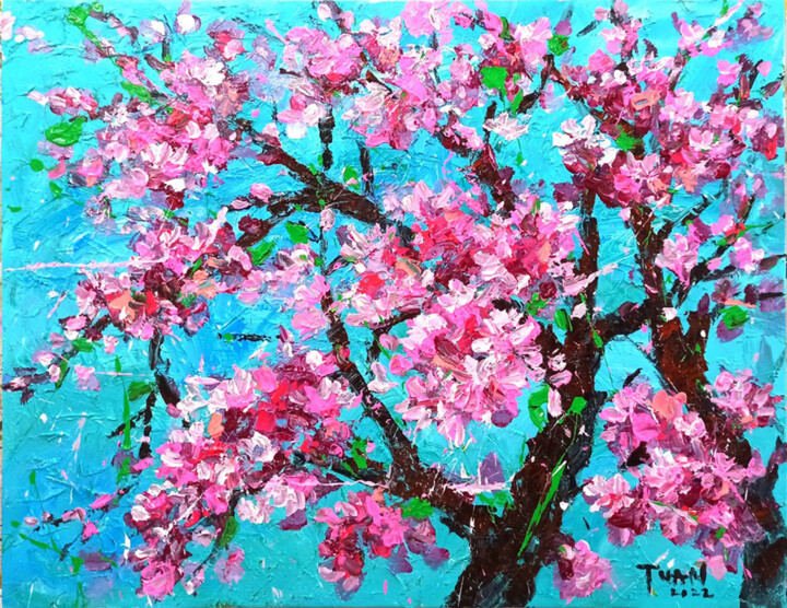 Painting titled "Cherry blossoms" by Anh  Tuan Le, Original Artwork, Acrylic