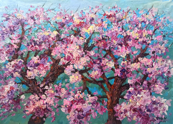 Painting titled "Cherry blossoms blo…" by Anh  Tuan Le, Original Artwork, Acrylic