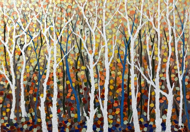 Painting titled "Autumn trees landsc…" by Anh  Tuan Le, Original Artwork, Acrylic