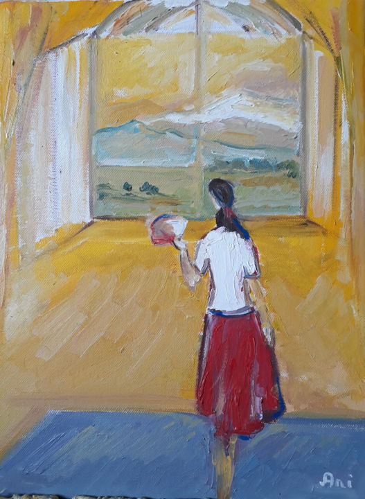 Painting titled "girl at the window" by Ani Airapetian, Original Artwork, Oil