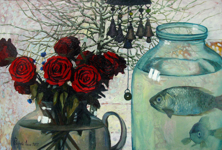 Картина под названием "Рыбки в банке.jpg" - Anna Fedorova, Подлинное произведение искусства, Масло