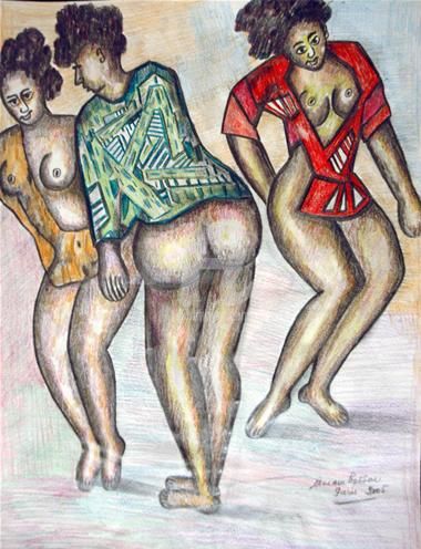 Dessin intitulée "Danse des coépouses" par Armand Pascal Aniambossou, Œuvre d'art originale