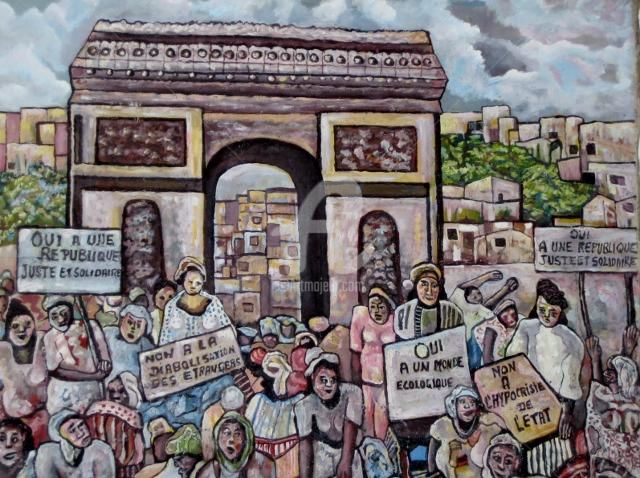 Painting titled "La marche des femmes" by Armand Pascal Aniambossou, Original Artwork