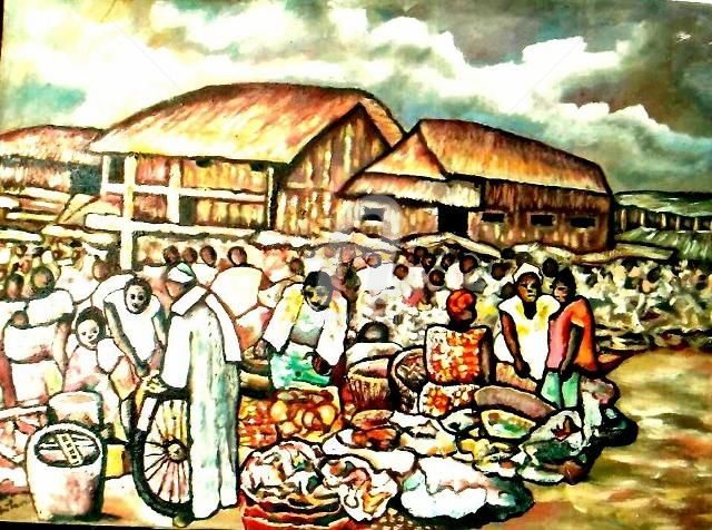 Painting titled "Le marché  du villa…" by Armand Pascal Aniambossou, Original Artwork