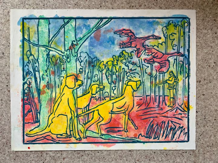 Prenten & gravures getiteld "The Vegetarian dog.…" door Bert Kooij, Origineel Kunstwerk, Linosnede