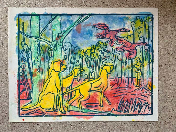 Printmaking titled "The Vegetarian dog.…" by Bert Kooij, Original Artwork, Linocuts