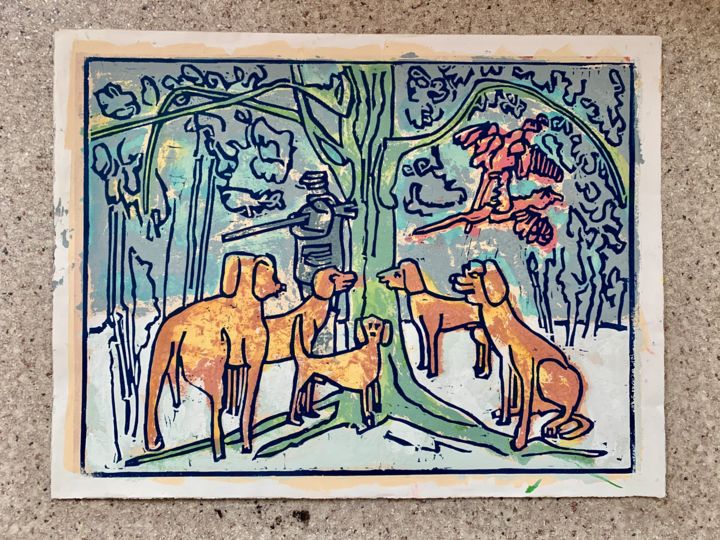 Printmaking titled "The Vegetarian dog.…" by Bert Kooij, Original Artwork, Linocuts