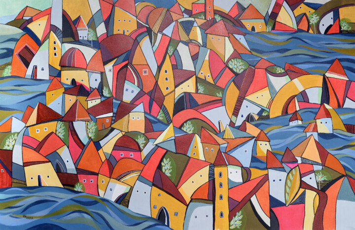 Painting titled "The Fishing Village" by Aniko Hencz, Original Artwork, Acrylic