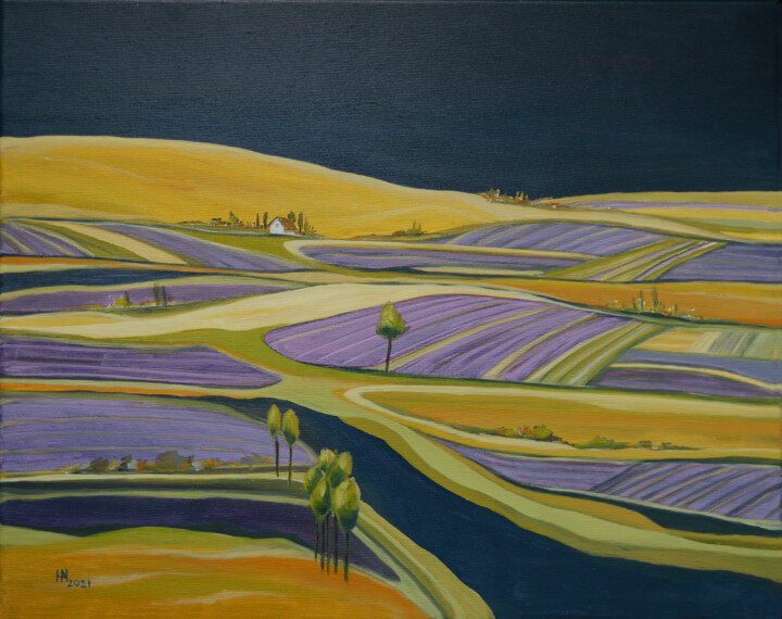 Painting titled "The lavender farm" by Aniko Hencz, Original Artwork, Oil Mounted on Wood Stretcher frame