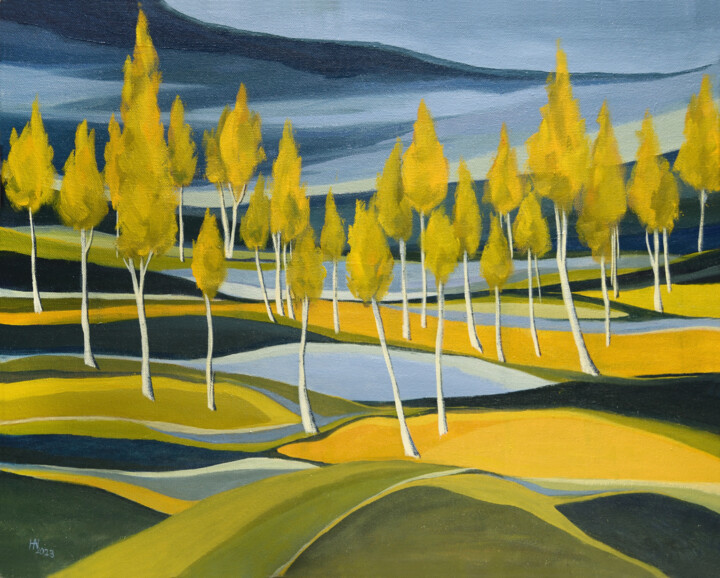Painting titled "Yellowing Aspen Tre…" by Aniko Hencz, Original Artwork, Oil