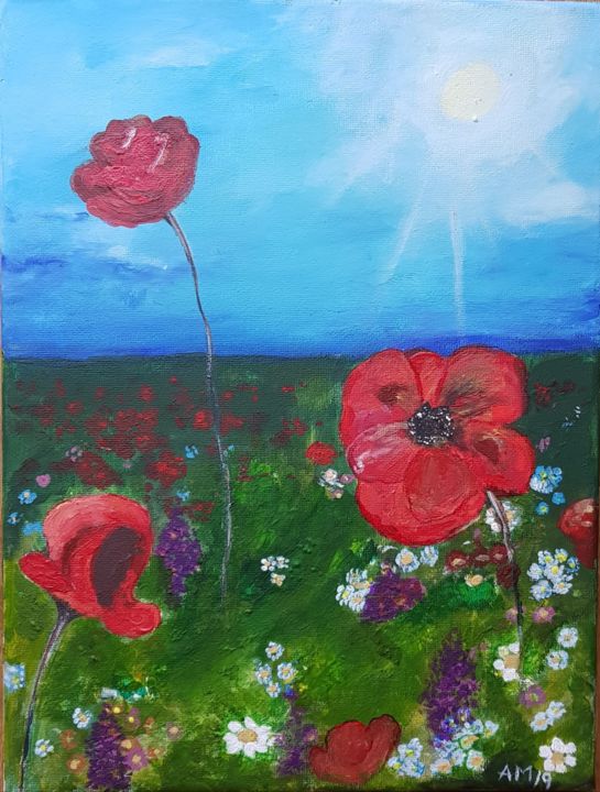 Painting titled "Poppies in the morn…" by Aniko Murok, Original Artwork, Acrylic