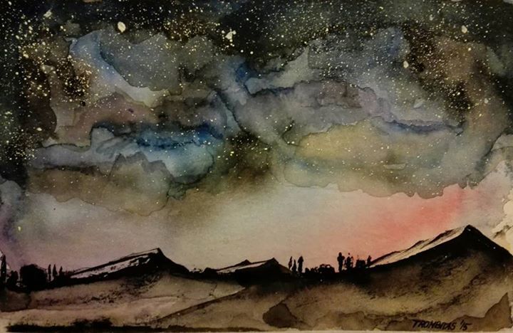 Painting titled "Night in Norway" by Aniko Trombitasne Varju, Original Artwork, Watercolor