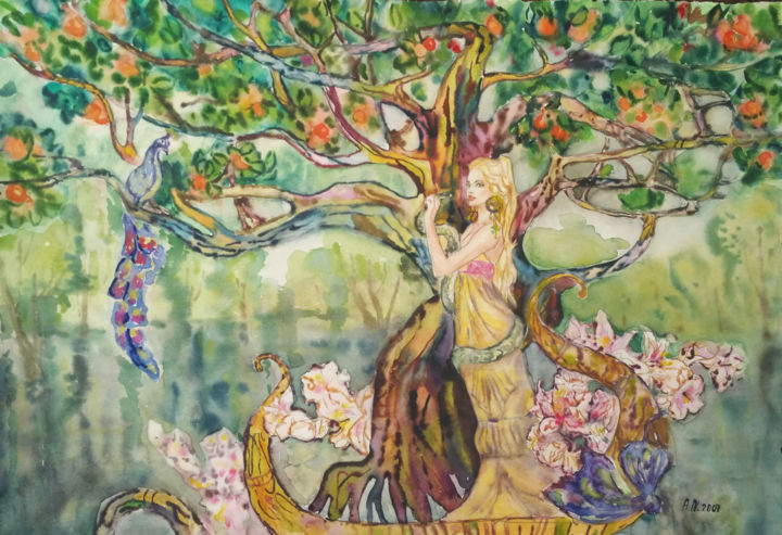 Painting titled "Eve in Paradise" by Anastasia Noskina, Original Artwork, Watercolor